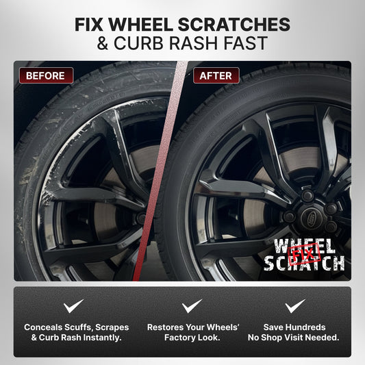 Before and after curb rash repair on a gloss black alloy wheel