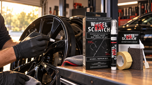 Wheel Scratch Fix kit beside a gloss black alloy wheel during a professional-looking DIY touch-up
