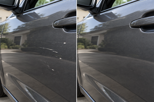 Dark gray car door scratches before and after a careful universal paint touch-up