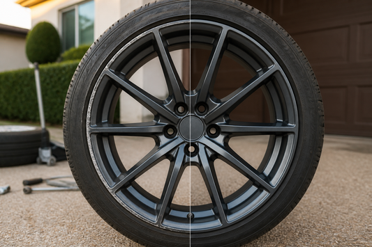 Before and after curb rash repair during seasonal tire service