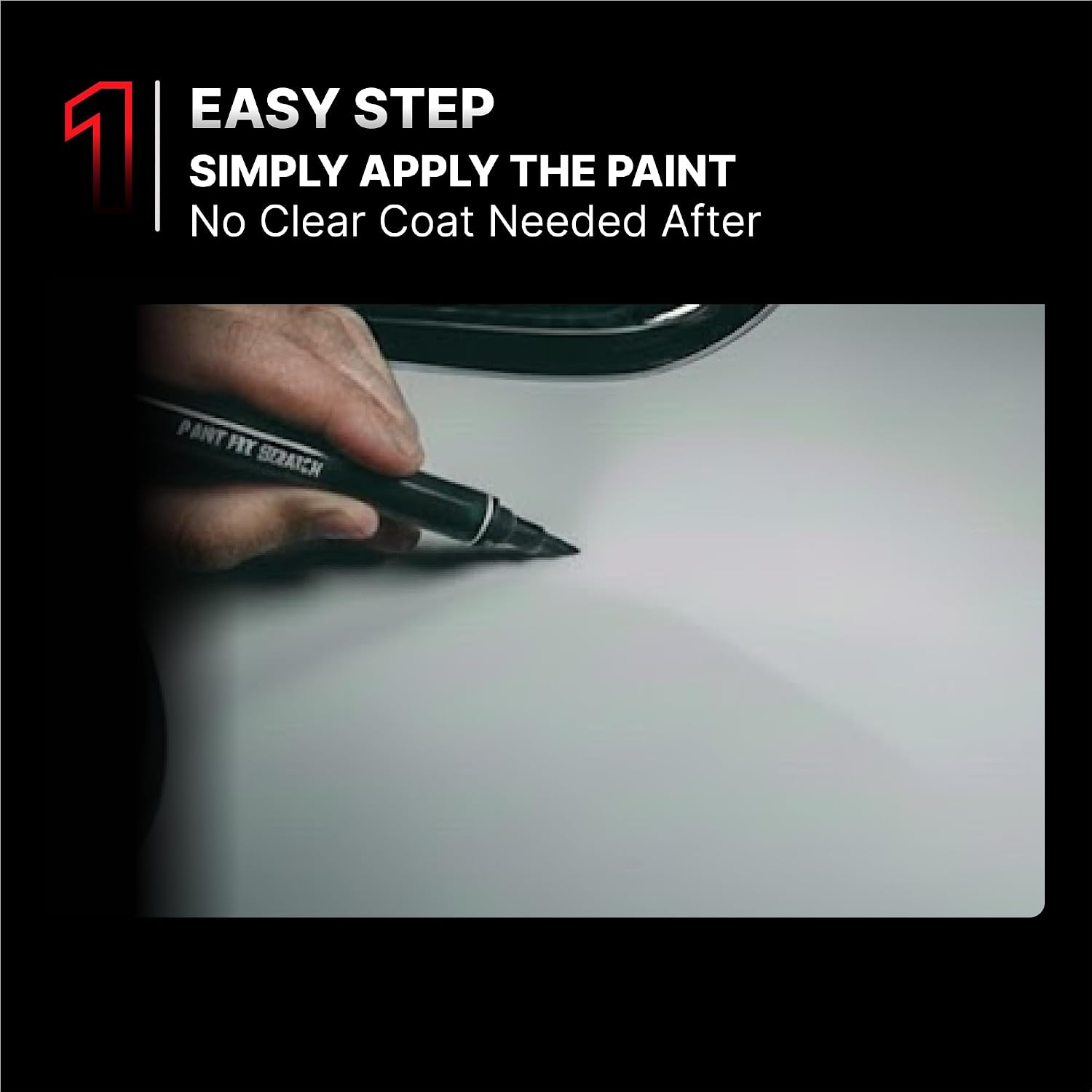 A promotional graphic with text reading 1 EASY STEP SIMPLY APPLY THE PAINT No Clear Coat Needed After' above a close-up of a hand using a paint marker on a white surface.