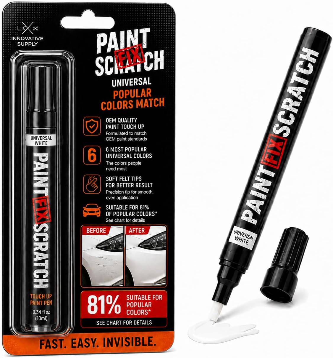 Paint Fix Scratch universal car paint touch-up pen in blister packaging, shown alongside the uncapped black pen with its cap off and a small white paint swatch on a clean white background.