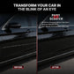 Before-and-after comparison graphic showing a black car side panel with a scratch repair demonstration. The left side is labeled BEFORE and shows a visible scratch on the paint.