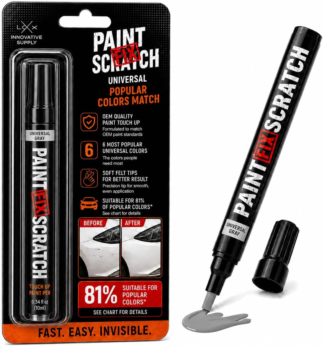 Paint Scratch fix universal car paint touch-up marker and applicator pen shown in retail blister packaging alongside the uncapped black marker, cap, and a gray swatch of touch-up paint on a white background.