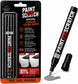 Paint Scratch fix universal car paint touch-up marker and applicator pen shown in retail blister packaging alongside the uncapped black marker, cap, and a gray swatch of touch-up paint on a white background.