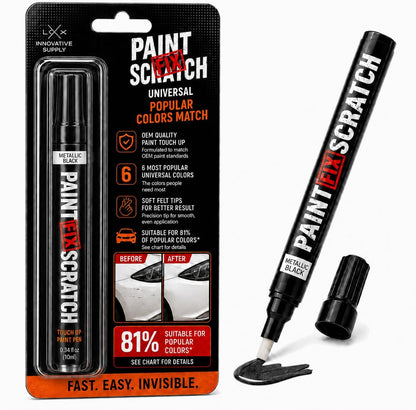 Paint Scratch Fix  universal car touch-up paint pen in black, shown both inside its retail blister packaging and loose next to its cap and applicator tip. The packaging features a black and orange design with text highlighting 'Universal Popular Colors Match' and '81% Suitable for Popular Colors'.