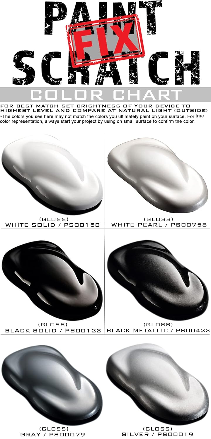 A color chart graphic for a scratch paint fix touch-up, showing six glossy finish options: white solid, white pearl, black solid, black metallic, gray, and silver. Large text at the top reads 'PAINT SCRATCH FIX' with a red 'FIX' stamp over it.