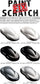 A color chart graphic for a scratch paint fix touch-up, showing six glossy finish options: white solid, white pearl, black solid, black metallic, gray, and silver. Large text at the top reads 'PAINT SCRATCH FIX' with a red 'FIX' stamp over it.