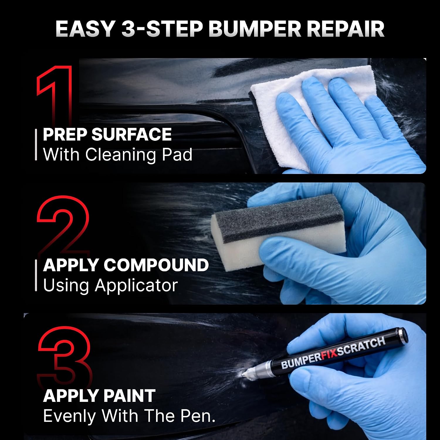 Step-by-step guide to easy 3-step bumper repair with cleaning, applying compound, and painting.