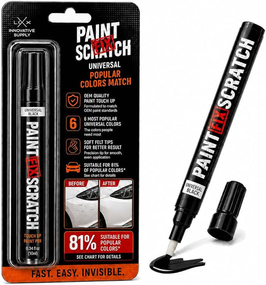 Paint FIX Scratch universal car paint touch-up pen in black, shown both inside its retail blister packaging and as a loose pen with its cap off, on a white background.