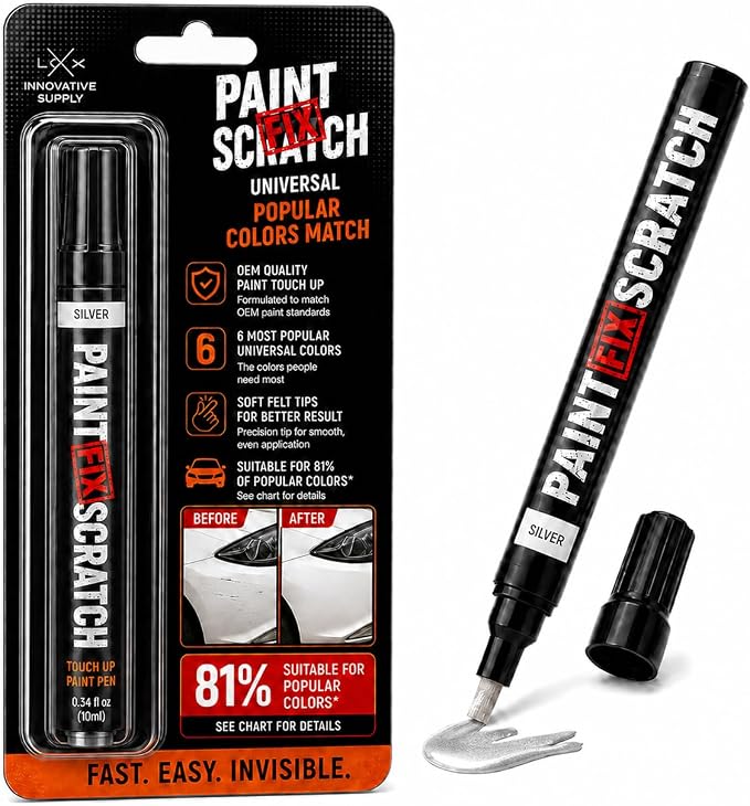 Paint Scratch Fix  universal car paint touch-up pen in retail blister packaging, shown alongside the uncapped black pen with silver tip and a small metal spatula on a white background.