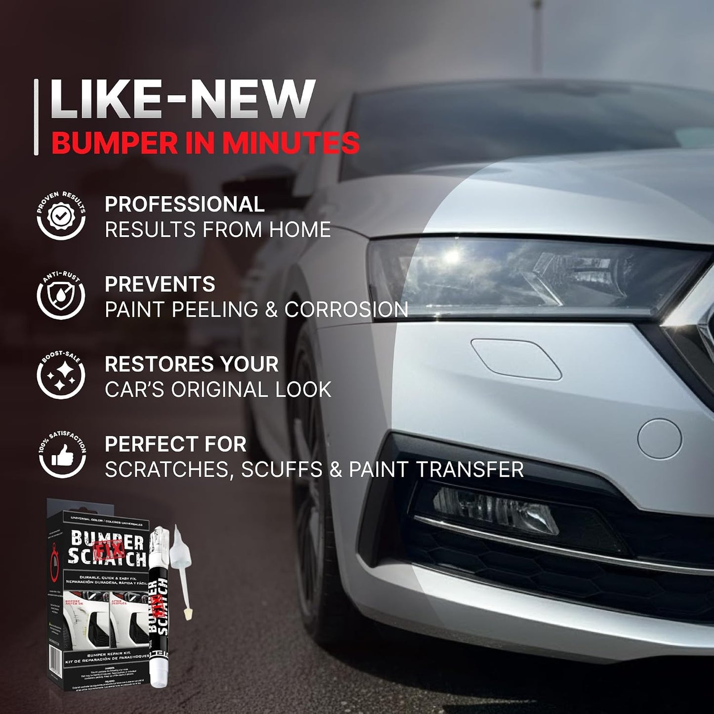 Car bumper repair kit with car in background and text highlighting product benefits