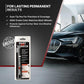Car Touch Up Paint by Scratch black  paint pen in blister packaging, shown next to a black car on a gray tiled floor with promotional text on a dark gray background.
