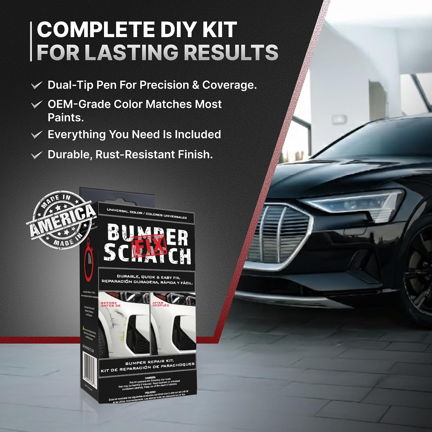 Bumper Scratch DIY repair kit package shown in front of a black car on a gray showroom floor, with promotional text on a dark gray background.