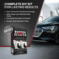 Bumper Scratch DIY repair kit package shown in front of a black car on a gray showroom floor, with promotional text on a dark gray background.