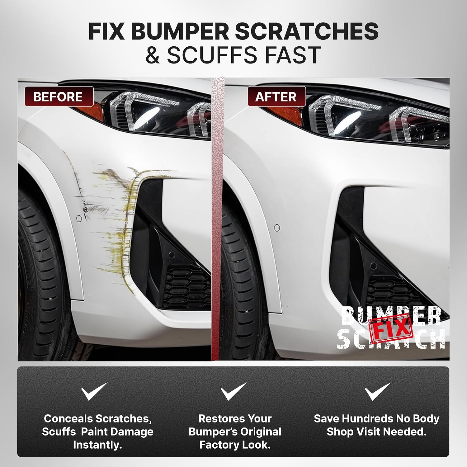 Before and after comparison of a car bumper with scratch repair product application.