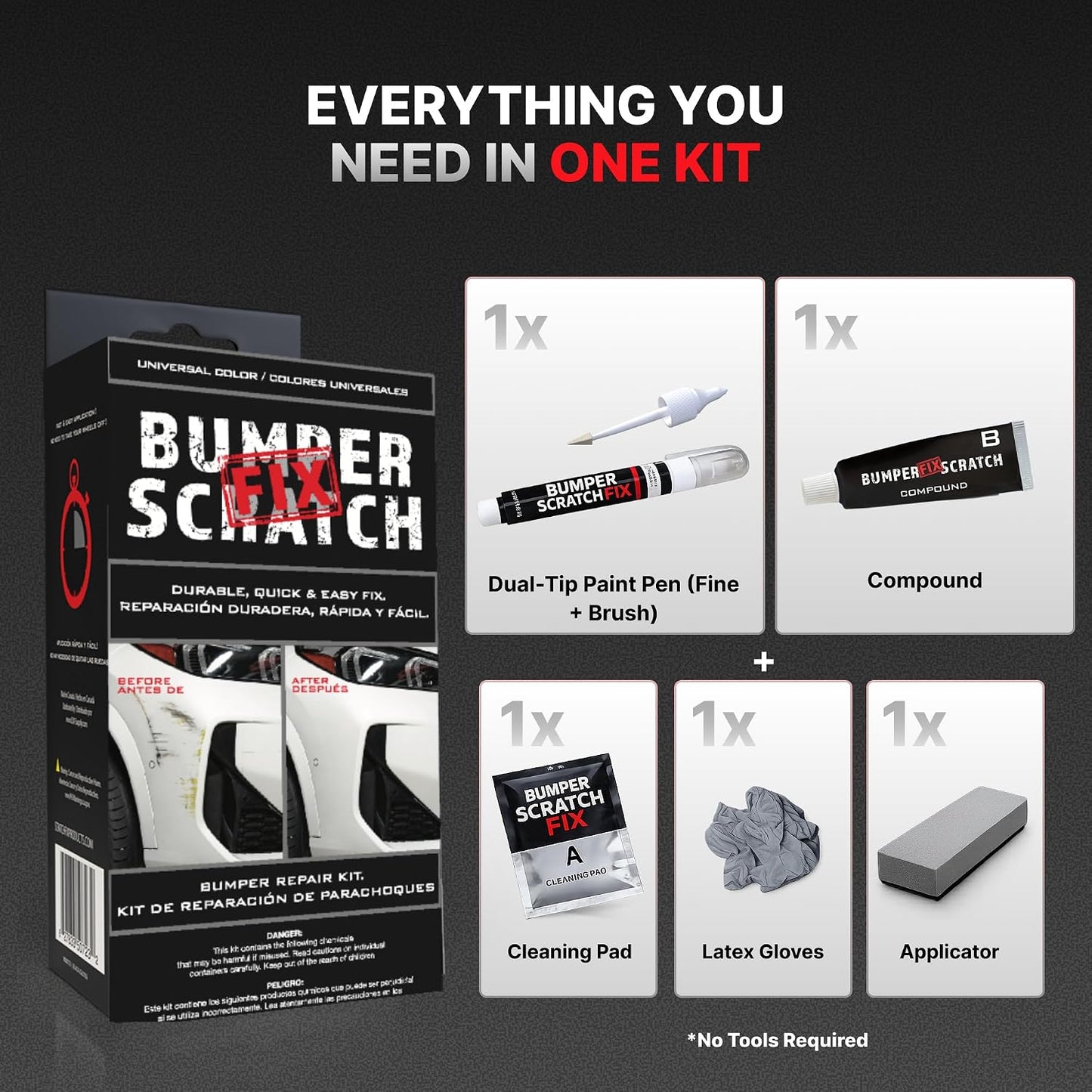 Bumper Scratch Fix kit packaging with components displayed on a black background