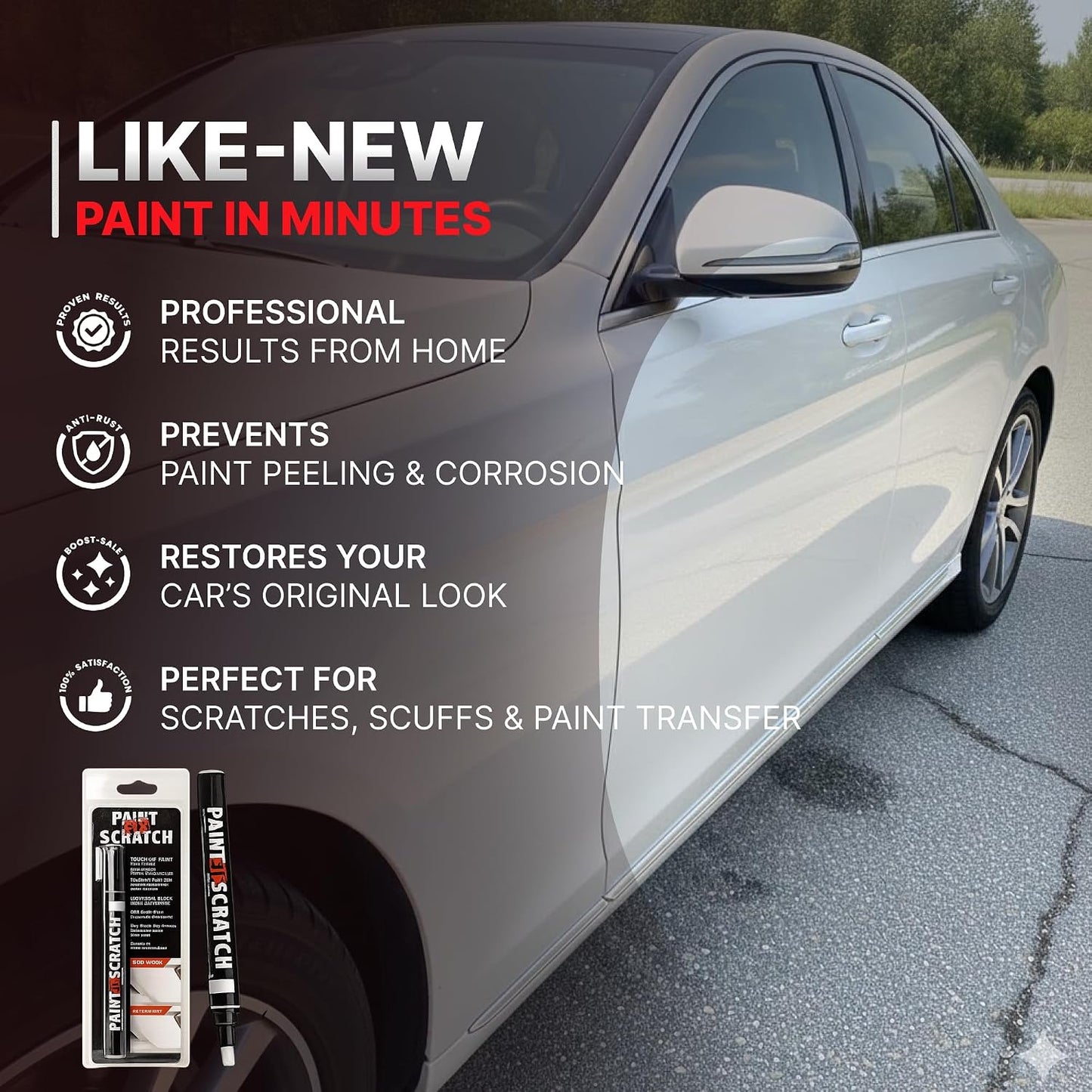 A silver car sedan parked outdoors with promotional text overlaid on the left side, advertising a paint scratch repair product. A small packaged applicator tool is shown in the lower left corner.