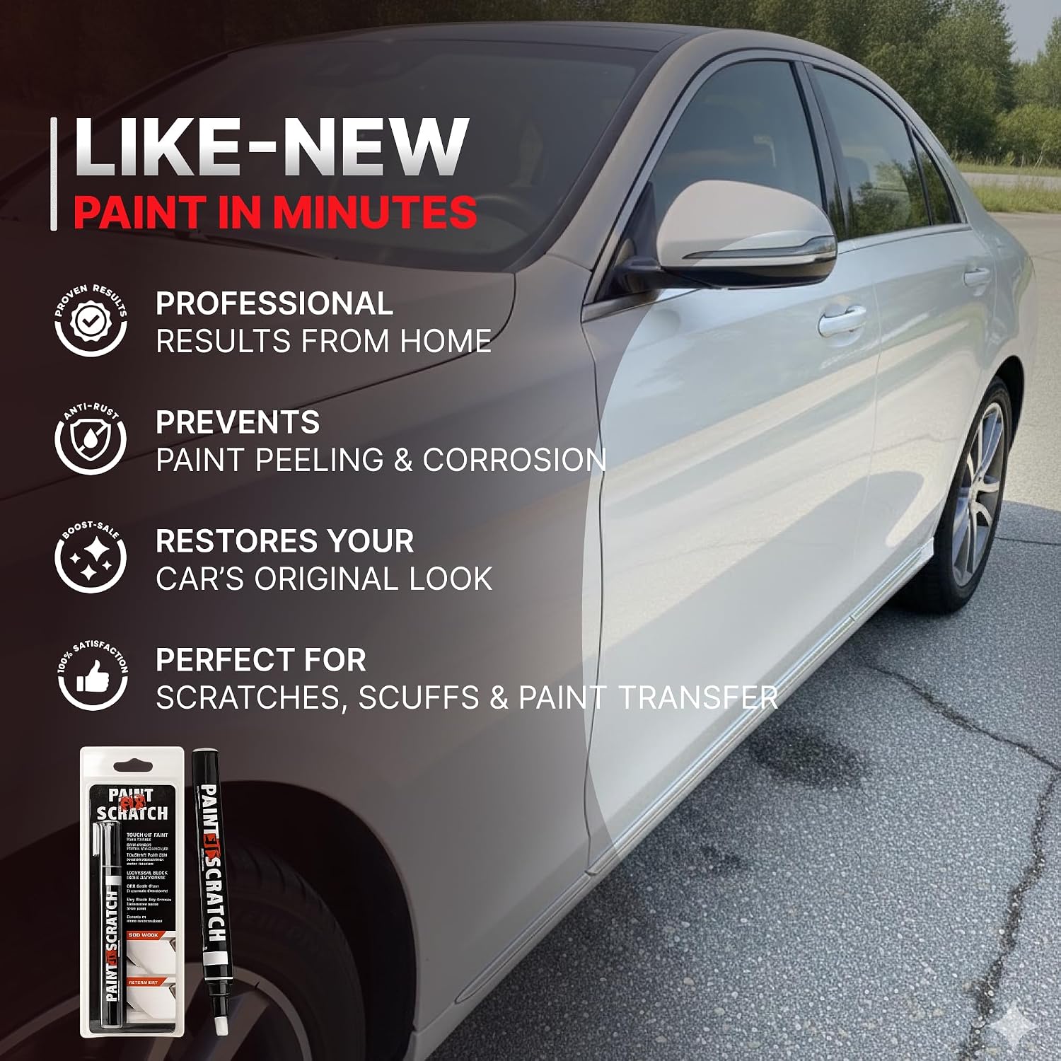 A silver car sedan parked outdoors with promotional text overlaid on the left side, advertising a paint scratch repair product. A small packaged applicator tool is shown in the lower left corner.
