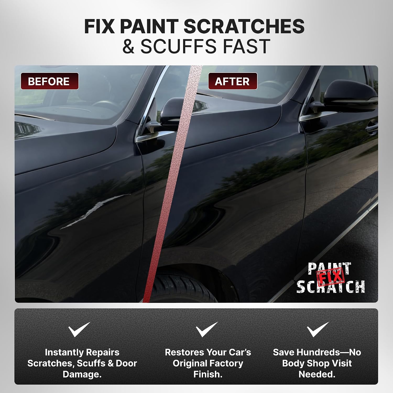 Promotional graphic for a car paint scratch and scuff repair product, showing a black car door with a before/after split comparison and text claims about instant repair and restored factory finish.
