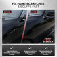 Promotional graphic for a car paint scratch and scuff repair product, showing a black car door with a before/after split comparison and text claims about instant repair and restored factory finish.