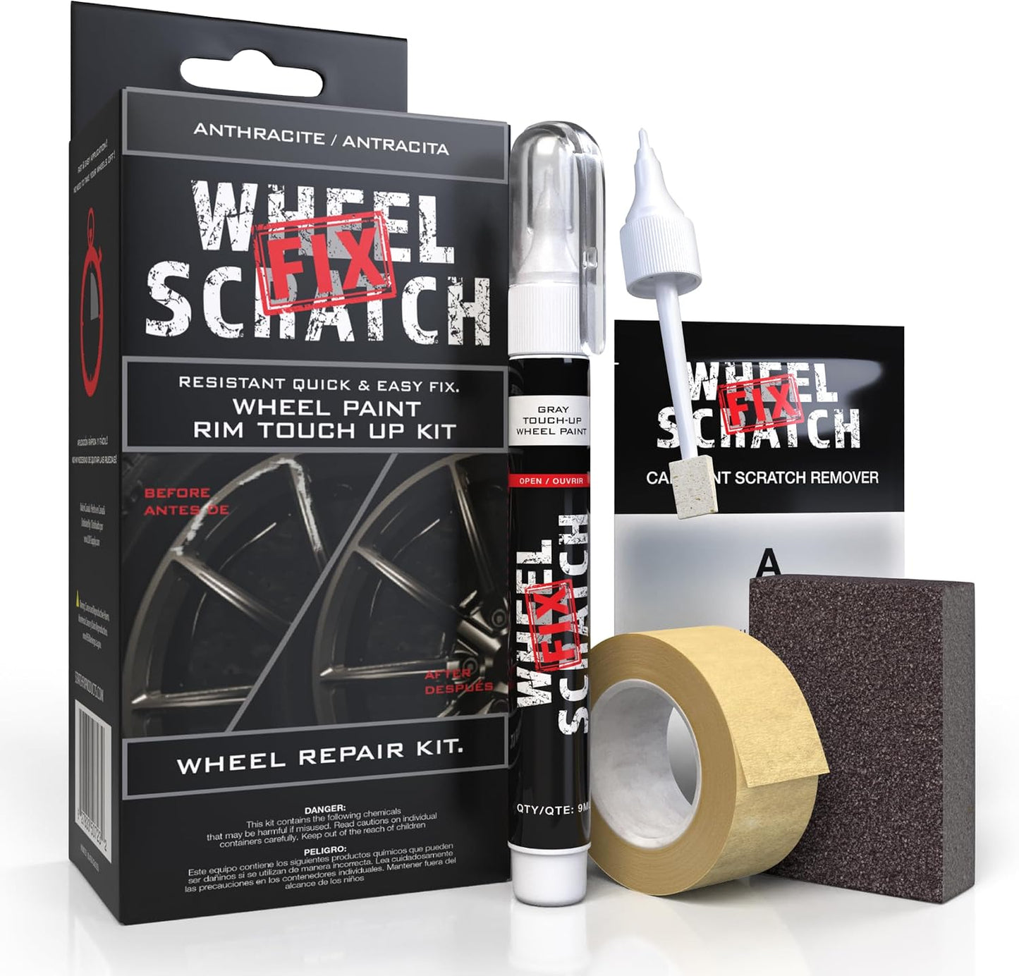 Wheel repair kit with paint, remover, tape, and sponge on a white background