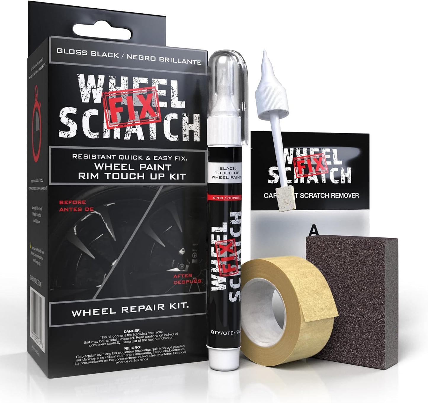Wheel repair kit with packaging, paint tube, sandpaper, and tape on a white background