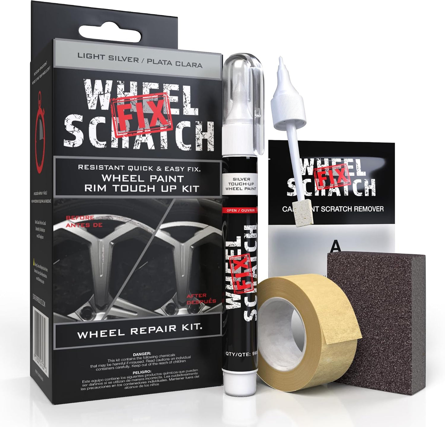 Wheel Scratch Fix Wheel Repair Kit with its retail box, touch-up paint applicator, masking tape, sanding block, and instruction card on a white background.
