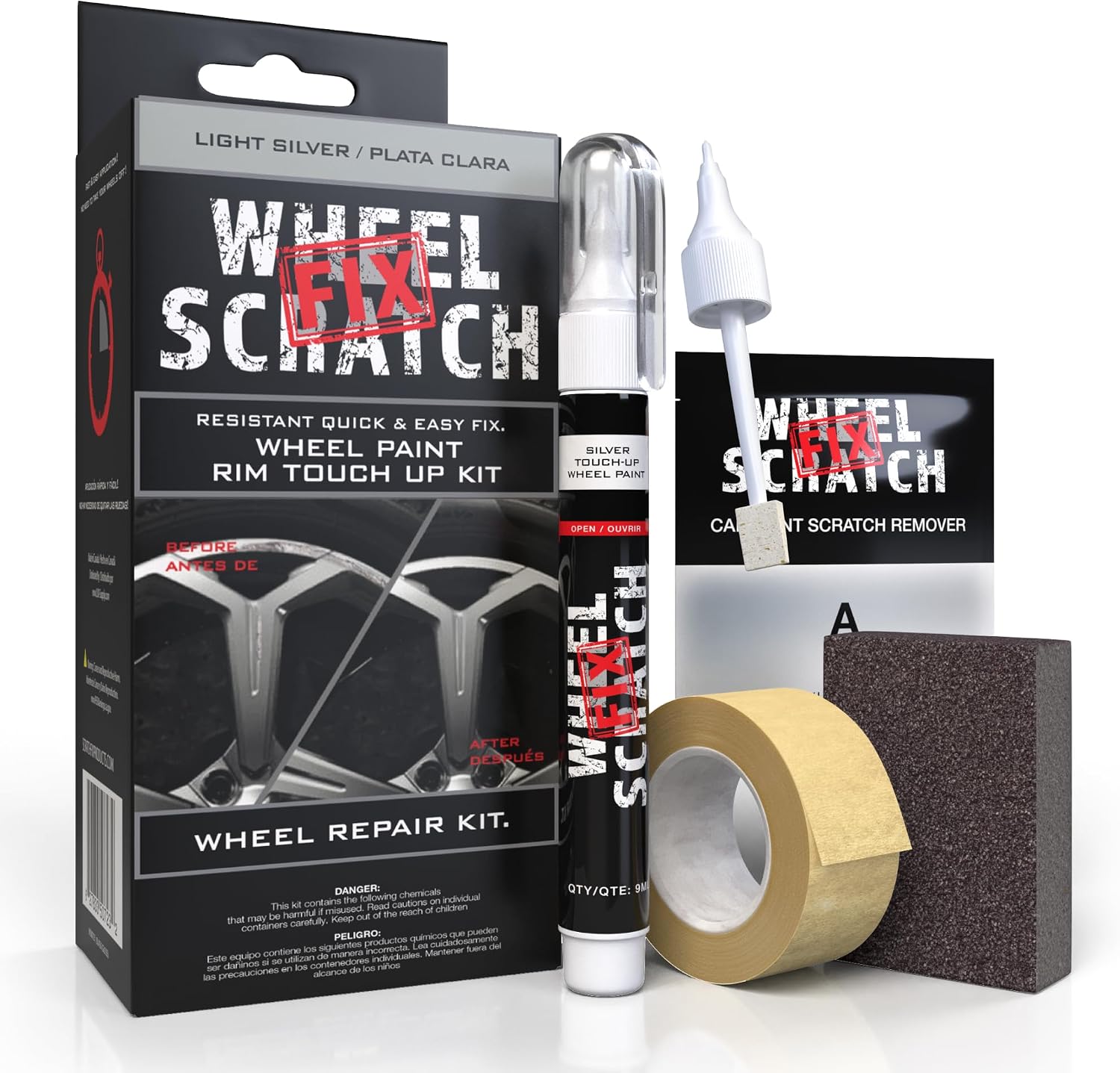 Wheel Scratch Fix Wheel Repair Kit with its retail box, touch-up paint applicator, masking tape, sanding block, and instruction card on a white background.