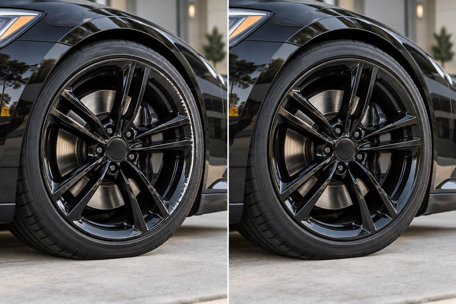 Gloss black painted wheel mounted on a black car before and after curb-rash repair