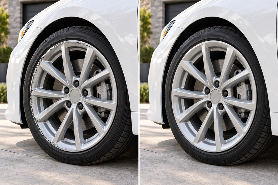 Light silver painted wheel mounted on a white car before and after curb-rash repair